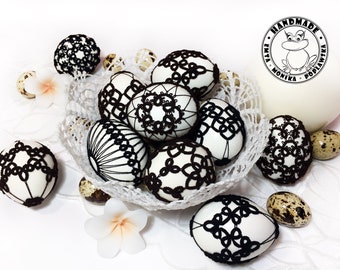 WHITE AND BLACK Easter eggs on real eggshells Easter basket stuffers Tatting lace ornaments Easter decorations Vintage spring decor Folk art