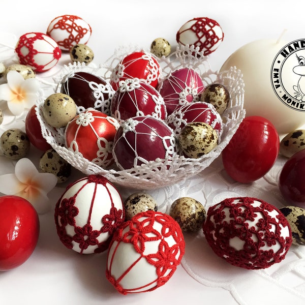 SHADES OF RED and white Easter eggs on real eggshells Easter basket stuffers Tatting lace ornaments Easter decoration Table centerpiece