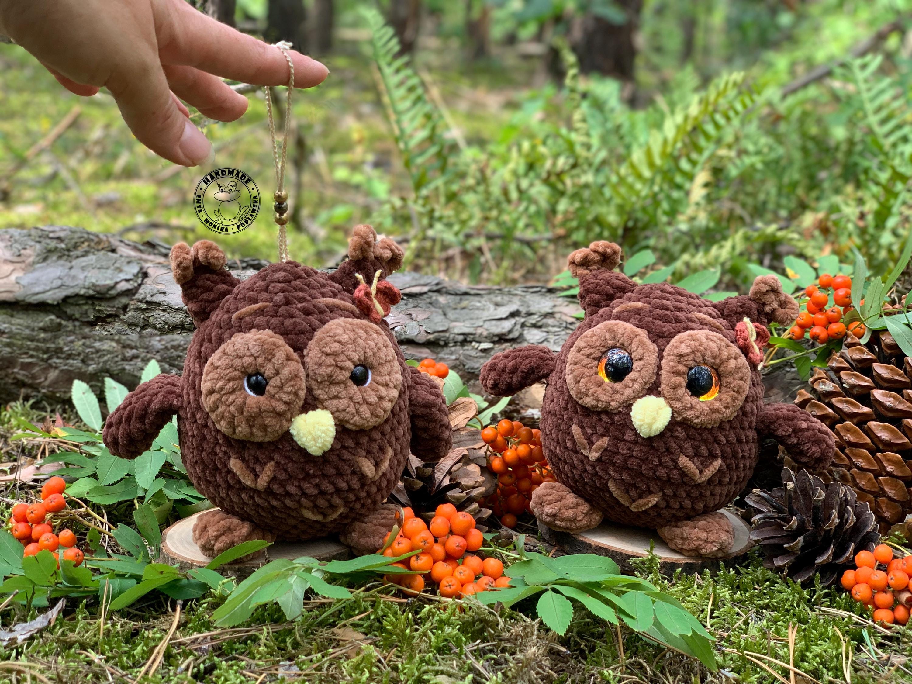 PLUSH OWL with little butterfly Plushie soft amigurumi toy Brown owl Forest animals Woodland nursery