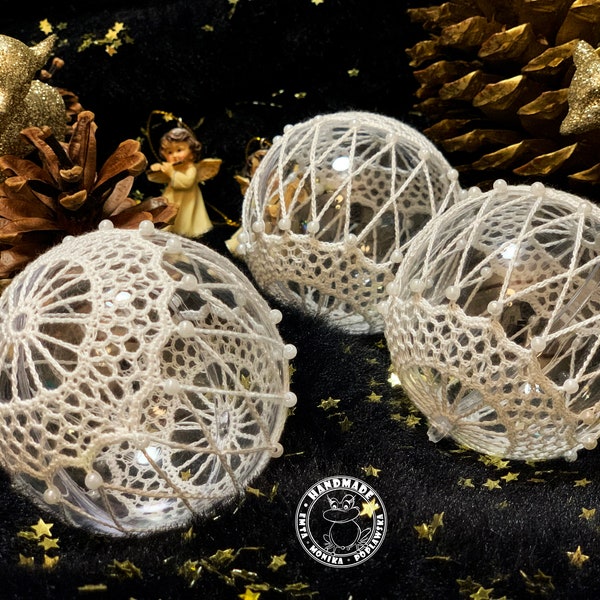Set of 3 white baubles with beads Christmas tree decorations Crochet balls Weihnachten deko Christmas ornaments Hanging art Christmas bauble