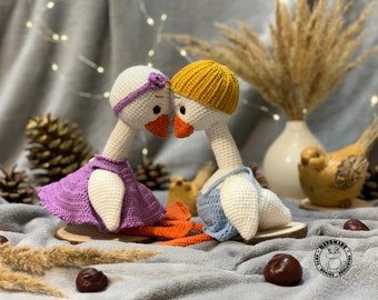 MR and MRS GOOSE Crochet white goose in dress and pants Cute goose toy Stuffed goose toy Nursery decoration Valentines day gift for her