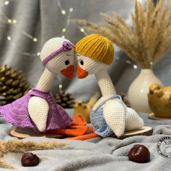 MR and MRS GOOSE Crochet white goose in dress and pants Cute goose toy Stuffed goose toy Nursery decoration Valentines day gift for her