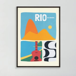 Cartaz de viagens do Rio de Janeiro, arte brasileira, estampas de meados do século, bossa nova, decoração hygge