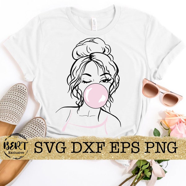 Ilustración de moda moño desordenado svg, archivos cortados para silueta cricut, chicle chica svg, camisa femenina svg, diseño de sublimación png, camisa de mamá