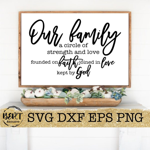 Our family a circle of strength and love founded on faith joined in love kept by God svg, family quote farmhouse sign svg, cricut cut files