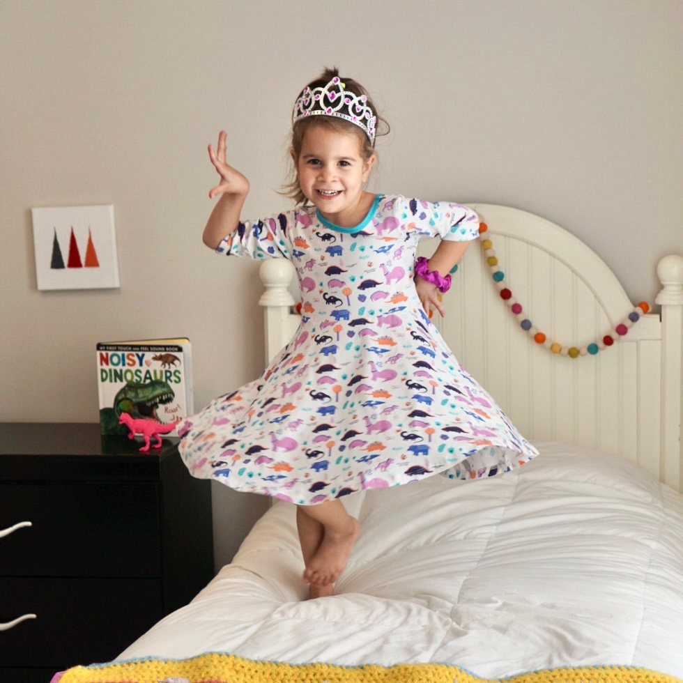 Dinosaur Twirl Dress with Pockets Soft Pima Cotton Dino Clothes