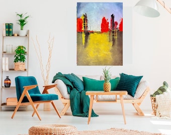 Abstract Painting “Urban Glow” – Modern Acrylic Artwork with Vibrant Red and Yellow – Contemporary Canvas Wall Art
