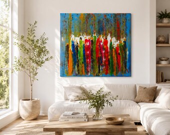 Abstract Figurative Acrylic Painting 80x80 cm – Colorful Modern Canvas Art – Contemporary People Wall Art