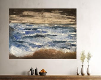 May include: An abstract painting of a seascape with a stormy sky. The artwork features dynamic brushstrokes depicting waves in shades of blue and white crashing onto a sandy shore. The sky transitions from dark brown to a lighter tan hue.