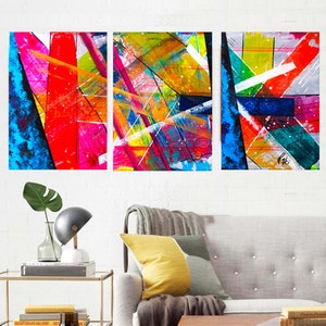 Colorful Three Piece Painting Set - Expressive Art Trio for a Dynamic Burst of Color in Chic Interiors
