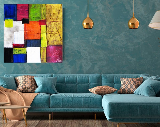Featured listing image: Unique Artwork - Abstract Expressionism with Colorful and Semi-Geometric Shapes on Canvas