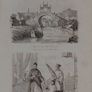 Animated view Bridge in villa and Chinese woman with her son China 1860 Sainson Original