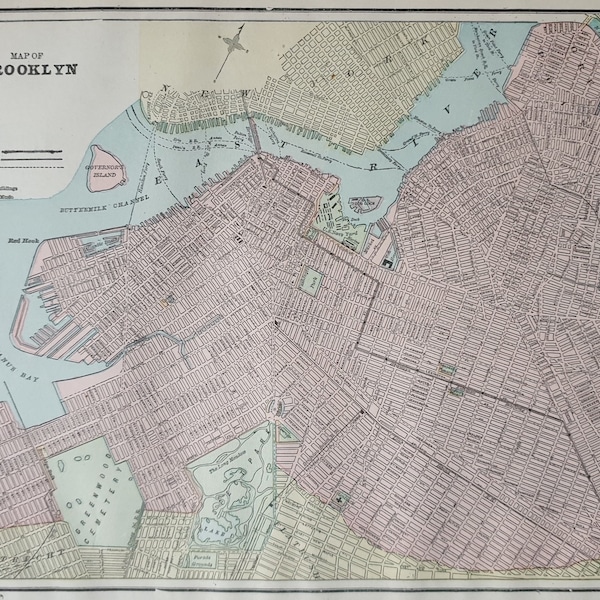 New York City, Upper half and Brooklyn Big Map United States of America 1890 Cram Coloured lythography