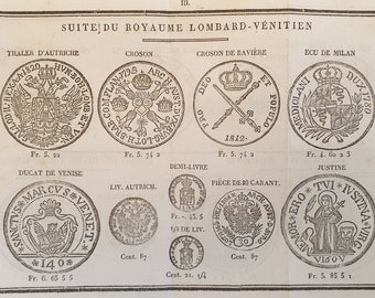 Original Map Coins of Piedmont and Genoa in the recto, Ducato of Parma, of Modena and Gran Ducato di Tuscany 1829 Artaria Numismatics