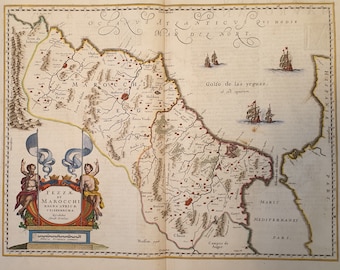 Map Morocco 1650 Africa Jansson coloured by hand Fez Strait of Gibraltar