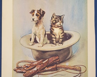 Colored plate Cat Dog Pets Woolley 1910 passepartout