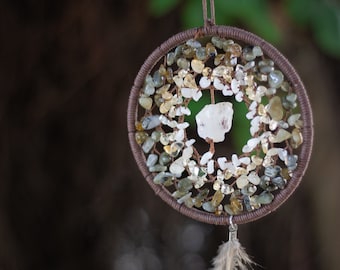 Traumfänger mit Labradorit, Citrin und Mondstein, Kristalltraumfänger, Boho Dekor, Kristall Wandbehang, Wanddeko, Schlafzimmerdeko