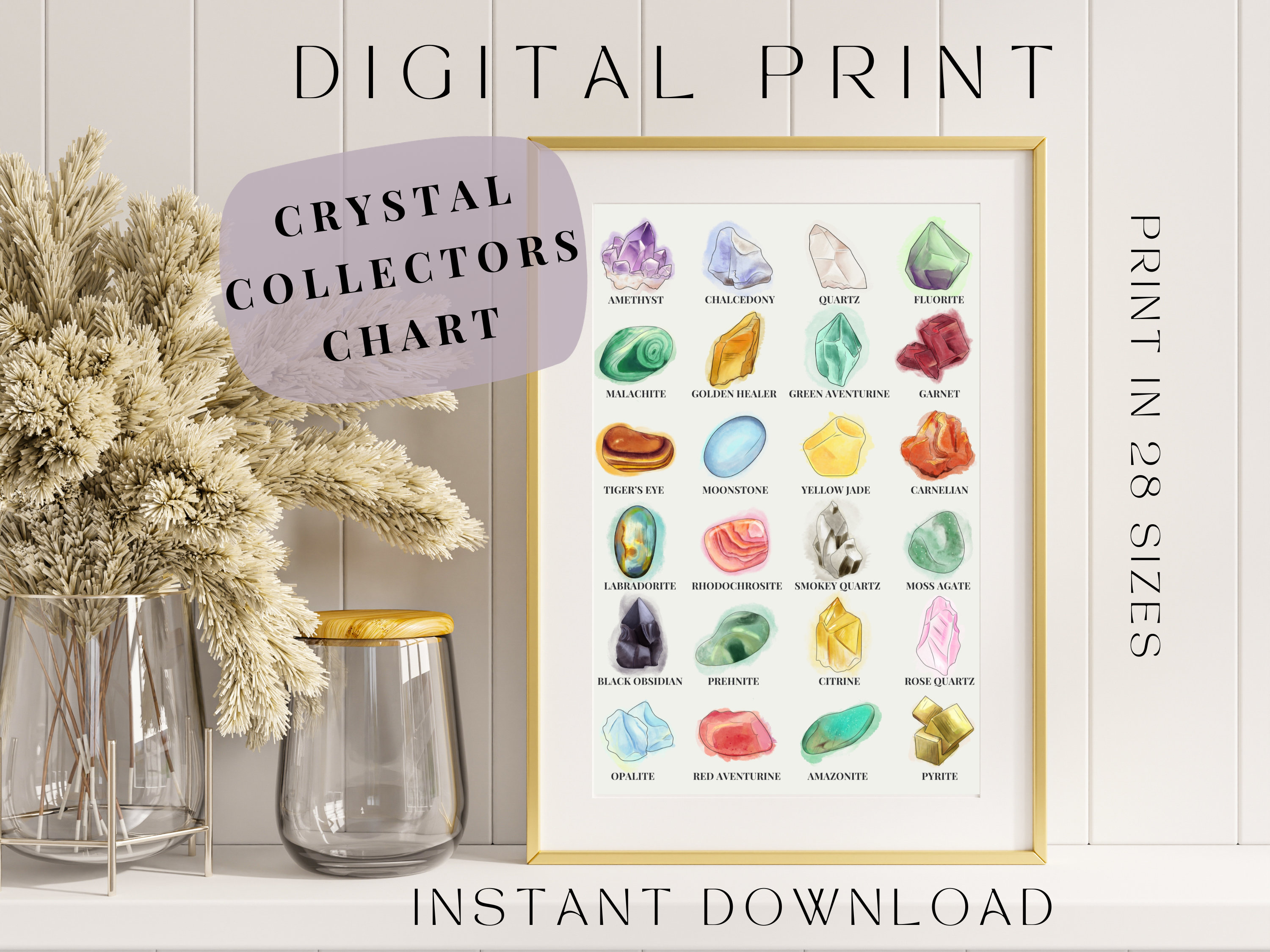 Printable Crystal Collectors Chart, Crystal Meanings Guide, 24 Watercolor Crystals, Mineral