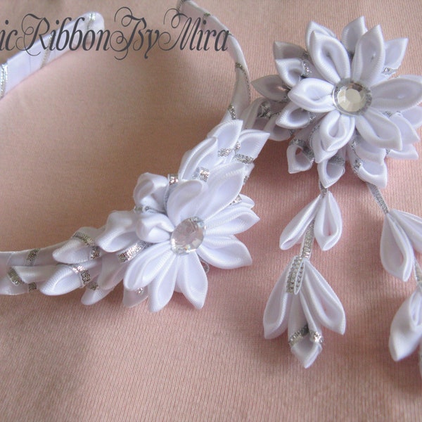 White Kanzashi Flower Headband & Hair Clip Set, First Communion Hair piece, Oriental Hair Piece, Unique Gift for Girl, Flower Girl Hair Clip