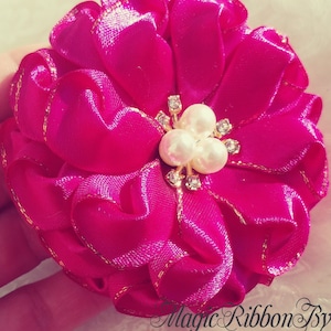Hot Pink Satin Zinnia Flower Hair Piece: Handmade Kanzashi Brooch