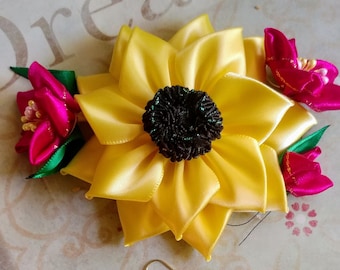 Ukrainian/Mexican ethnic hair clip, Sunflower Hair clip with earrings, Sunflower hair barrette,   Wildflower Rustic Bridesmaid Hair pin