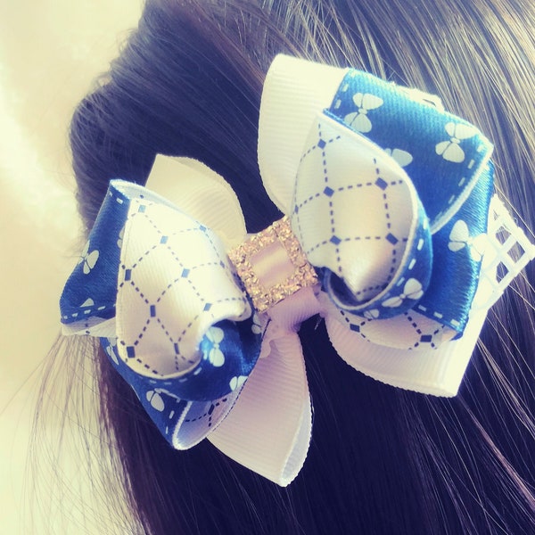 Navy Blue and White boutique Hair Bows, Layered Hair Bow Clips, Schoolgirls Hair Bows, School Uniform Bows, Unique Birthday gift for girl