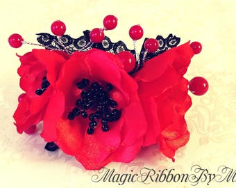 Red Poppy Flower Hair Barrette: Satin Ribbon Floral Hair Clip
