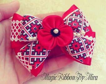 Ukrainian Embroidery Hair bow, Poppy Flower Boutique layered Hair bow, Hair bow for vyshyvanka, Gift for Girl Ukrainian ethnic Hair Bow