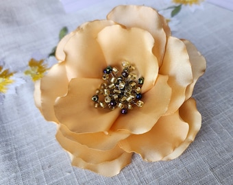 Gold Poppy flower Hair Clip, Satin Gold Hair Flower, Champagne Statement flower, Mellow Gold Hair Piece Wedding,  Boho Rose Hairpiece