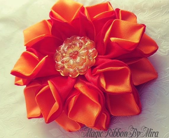 Orange Ribbon Hair Flower Clip, Orange Flower Hair Clip - Orange