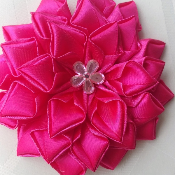 Large Hot Pink or Purple Spring hair flower, Kanzashi Flower with pink rhinestone, Flower Girl Hair Clip, Dancer's hair pin, Hot pink brooch