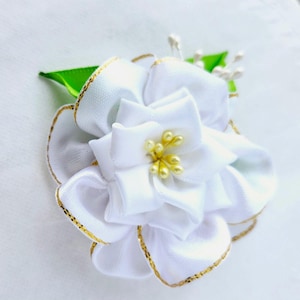 Satin White Flower Hair Clip: Tsumami Kanzashi Bridal Hairpiece