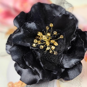 Black Satin Poppy Hair Clip: Rhinestone Kanzashi Flower