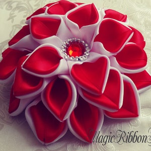 Red Flower Hair Clip: Handmade Satin Ribbon Kanzashi