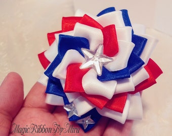 American Flag Hair Clip, Patriotic Red White Blue Flower Hair piece, Veteran's day hair bow, Gift for Girl, 4th of July hair accessory