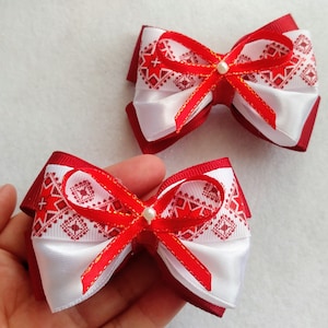 Ukrainian ethnic hair bows 2, Embroidered bow for vyshyvanka, Red layered hair bow clips, Birthday gift for toddler girl,