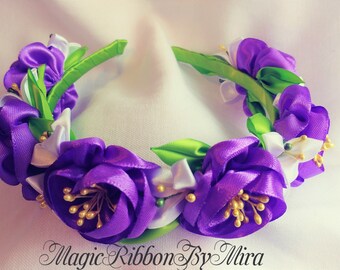 Purple white flowers crown, Plum bridal hair piece, Lilac Floral headband, Lavender head wreath, Spring halo, Rustic hair crown