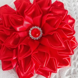 Red Satin Dahlia Flower Hair Clip: Kanzashi Rhinestone Pin