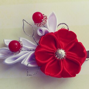 Red Kanzashi Flower Hair Clip: Japanese Satin Bridal Hairpiece