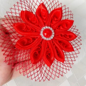 Red Flower Hair clip, Red statement hair flower, Unique gift for girl, Dancer&#39;s Red flower brooch, Kanzashi red, Red Bridal Fascinator