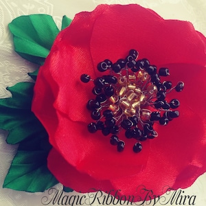 Poppy Flower Hair Clip, Red satin flower pin, Bridal Hair Accessory, Bridesmaid hair pin, Rustic Floral hair piece, Dancer&#39;s Hair Clip