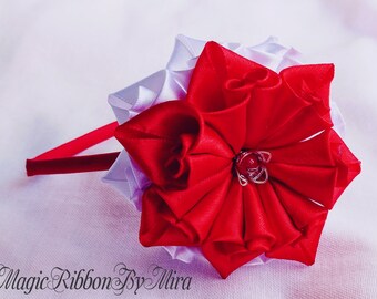 Red flower crown,  Satin Flower Headband: Girls' Bridal Kanzashi Fascinator