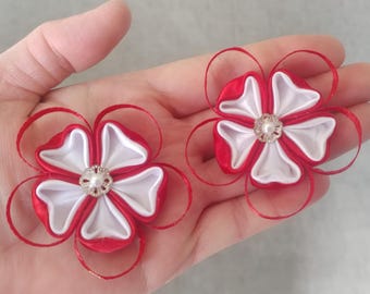Red Kanzashi Flower Shoe Clips: Oriental Hair Accessory, Set of 2