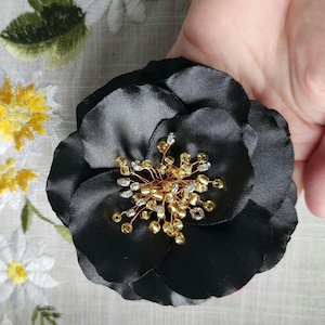 Black Poppy Hair Flower Clip: Rhinestone Satin Fascinator