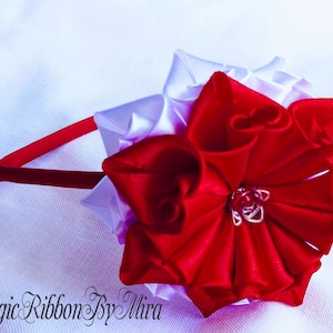 Red Satin Flower Headband: Girls&#39; Bridal Kanzashi Fascinator