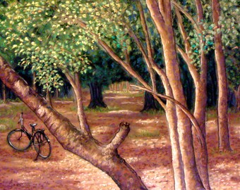 Park and Walk This is a 19x25 Framed Pastel of a forest in Cambodia leading to a Orphan School taught by the Monks.