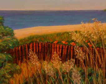 The Red Fence is un_framed 11x14 pastel painting of a beach on the north side of Long Island NY.