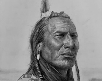 May include: A black and white pencil drawing of a Native American man wearing traditional clothing and a feather headdress. He has long hair and a serious expression on his face.