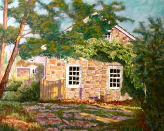 The Stone Cottage es una pintura pastel sin marco de una casa de piedra en Nueva Jersey, que no pude resistirme a pintar.