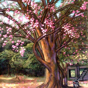 The Black Motor Bike This is a Framed Pastel Banyan Tree in Thailand with a motor bike under it which I thought was a great Painting. image 1